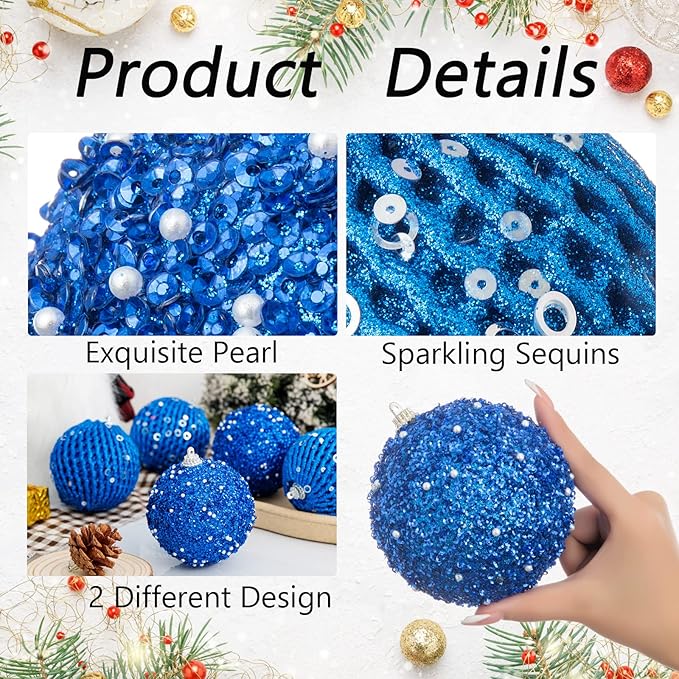 6pcs 3.94" Christmas Ball Ornaments Glitter Shatterproof Christmas Tree Ornaments Sequin Xmas Hanging Balls Decorations for Wedding Party Holiday(Sapphire, 6pc-10cm)