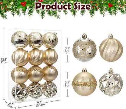 12pcs Christmas Ornaments Balls 3.14 inch Glitter Hanging Christmas Tree Ornaments Set for Christmas Decorations Hand Painted Shatterproof Christmas Baubles for Xmas Holiday Party Decor