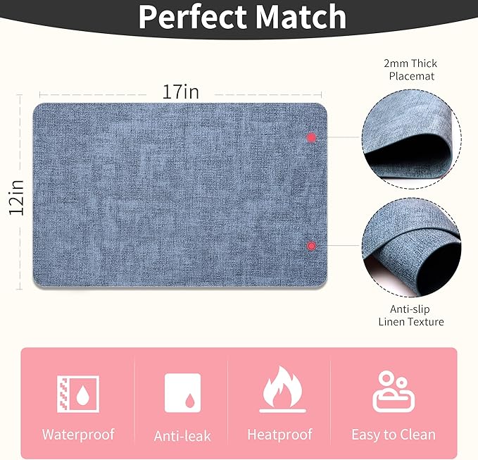Maxpearl Faux Leather Placemats Set of 4, Waterproof - Wipe Clean - Heat Resistant - Anti Slip Dining Table Place Mats, Suitable for Indoor & Outdoor Use, 17’’×12’’, Blue
