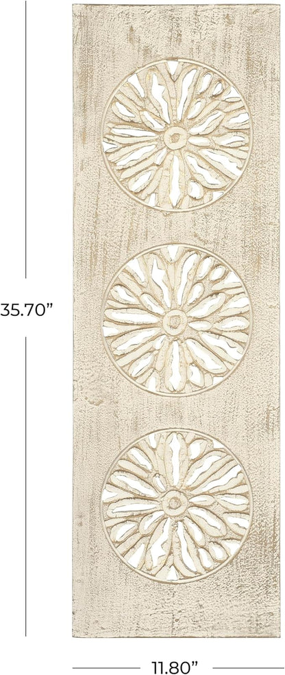 Deco 79 Wood Floral Handmade Home Wall Decor Distressed Intricately Carved Wall Sculpture with Gold Detailing, Wall Art 12" x 1" x 36", Cream