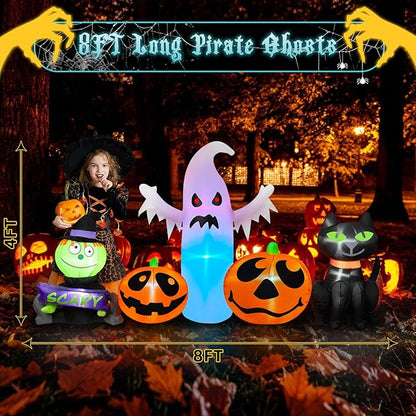 8FT Long Halloween Inflatable Outdoor Decorations Pumpkin Ghost and Black Cat Inflatable Yard Decoration with Build in LEDs Blow Up Ghost for Indoor Outdoor Party Lawn Yard Garden Decor