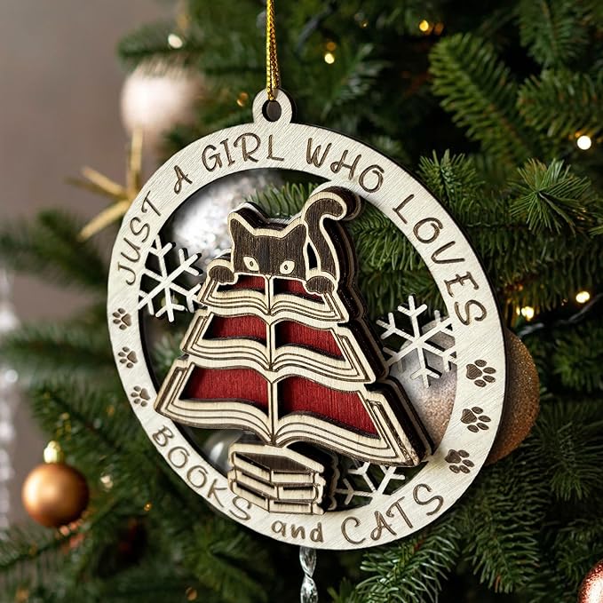 A Girl Loves Books and Cats Ornament – Cute Wooden Christmas Ornament for Cat Lovers, Readers, and Book Enthusiasts – Perfect or Keepsake