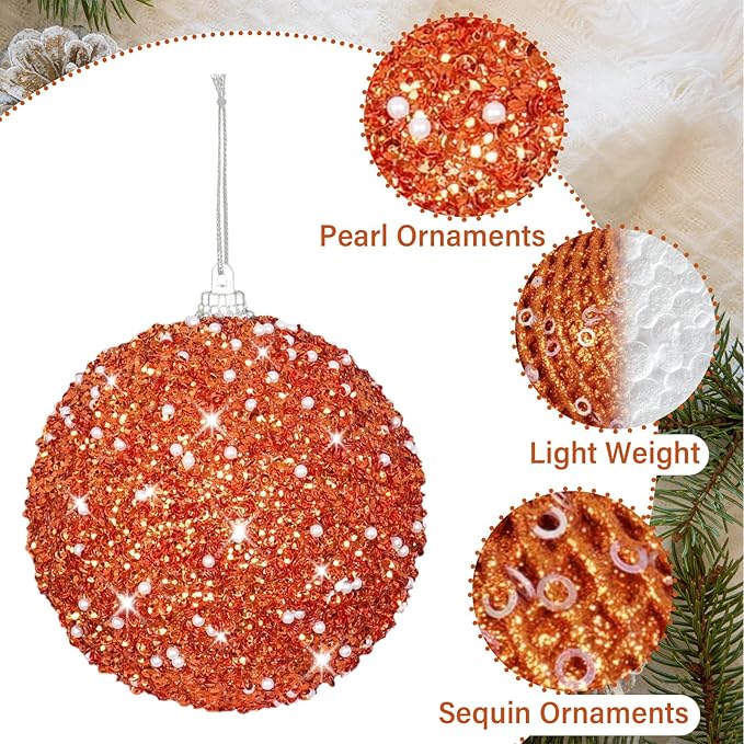 6pcs 3.94" Christmas Ball Ornaments Glitter Shatterproof Christmas Tree Ornaments Sequin Xmas Hanging Balls Decorations for Wedding Party Holiday(Orange)