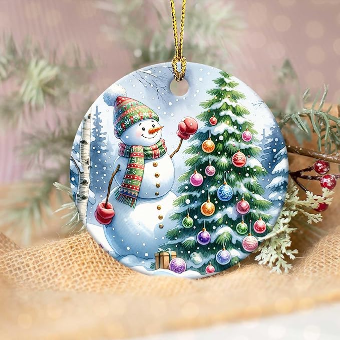 Snowman Ornaments Snow Pine Round Ceramic Ornament Christmas Keepsake Decor for Christmas Tree Winter Holiday Xmas Gift for Women Men Hanging Ornament 3"