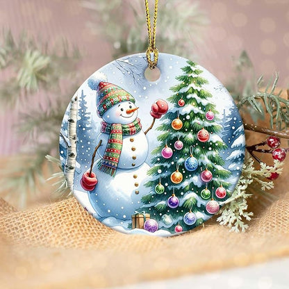 Snowman Ornaments Snow Pine Round Ceramic Ornament Christmas Keepsake Decor for Christmas Tree Winter Holiday Xmas Gift for Women Men Hanging Ornament 3"