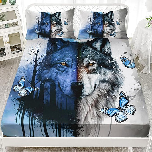 AILONEN Wolf Fitted Sheet Set Full Size Tie Dye Wolf Sheet Set for Boys Girls,Animal Wolf Wildlife Bed Sheet with 2 Pillowcases,3 Pieces Watercolor Wolf Print Bed Sheet Set