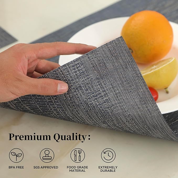 Leetaltree Denim Blue Placemats Set of 8 - Heat Resistant Non-Slip Place mats for Dining Table, Washable Durable PVC Vinyl Woven Table Mats（Denim Blue, 8）