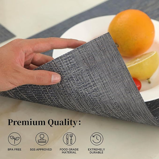 Leetaltree Denim Blue Placemats Set of 8 - Heat Resistant Non-Slip Place mats for Dining Table, Washable Durable PVC Vinyl Woven Table Mats（Denim Blue, 8）