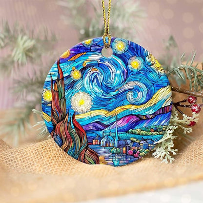 Starry Night Ornament Round Ceramic Ornament Xmas Keepsake for Christmas Tree Winter Holiday Xmas Gift for Women Men Xmas Hanging Ornament 3"
