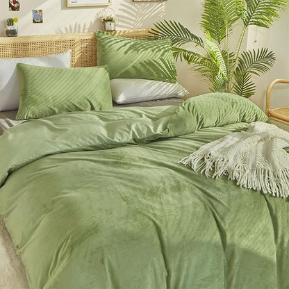 Sage Velvet Comforter Set Full Light Green Fluffy Flannel Bedding Set Winter Plush Blanket Quilts Soft Thick Warm Grass Green Comforter Set for Women Men Full Bed