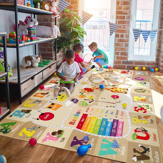 Kids Playroom Rug 4x6 Beige Rugs for Girls Bedroom Child Play Mat Educational and Fun Baby Care Rugs,Learning Rug with ABC Alphabets Animals Shapes No-Slip Carpets for Children Toddler Washable