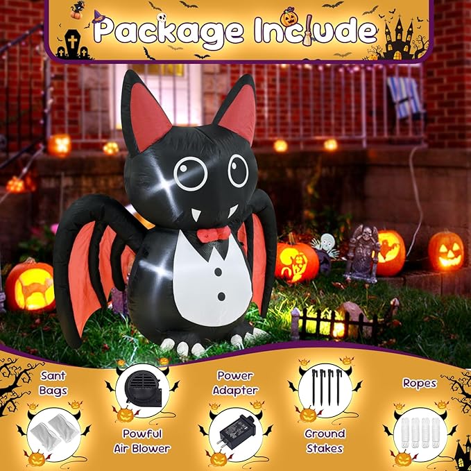 4FT Halloween Inflatable Bat Halloween Decorations Spooky Blow Up Decor with LED Lights Indoor Outdoor Yard Graden Party Holiday Decorations