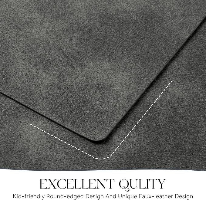 MOSAYT Vinyl Placemats Set of 4-12 X 17 Inch - Faux Leather 100% Waterproof Oil-Proof Wipeable PU Place Mats, Heat Resistant Reversible Table Mats for Kitchen, Dining, Outdoor (Dark Grey)