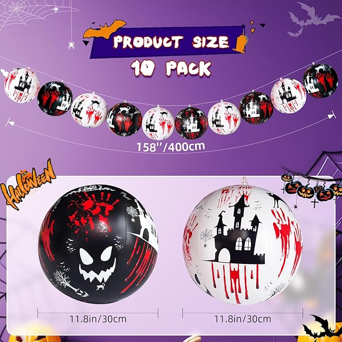 10 PCS 11.8 inch Hanging Halloween Decorations Ball Set, Inflatable Hanging Halloween Ornament Balls with Bloody Handprints, Haunted Castles, Creepy Faces, Black Cats and Pumpkin for Yard,Party Decor