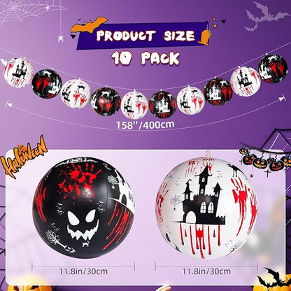10 PCS 11.8 inch Hanging Halloween Decorations Ball Set, Inflatable Hanging Halloween Ornament Balls with Bloody Handprints, Haunted Castles, Creepy Faces, Black Cats and Pumpkin for Yard,Party Decor