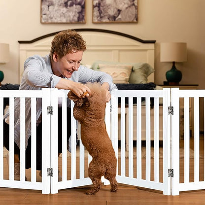 LZRS 4-Panel Wooden Free Standing Foldable Dog Gate – 24" High, Extra Wide Step-Over Safety Pet Gate for Doorways, Stairs, Hallways, Large Spaces & Playpen for Puppies Indoor Use, White