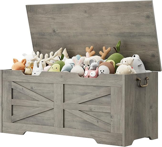 IDEALHOUSE Storage Chest, 39.4" Toy Chest for Boys Girls, Kids Wood Large Toy Box, Storage Bench with Safety Hinge, Farmhouse Storage Trunk for Entryway, Living Room, Bedroom, Playroom, Greige