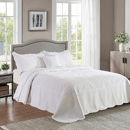 HoneiLife California King Quilt - Oversized King Bedspreads 120x120, 4-Piece Cal King Quilt Sets,Rustic Bedding Sets King Size,Reversible Coverlets Lightweight Bed Cover for All Season Use-White