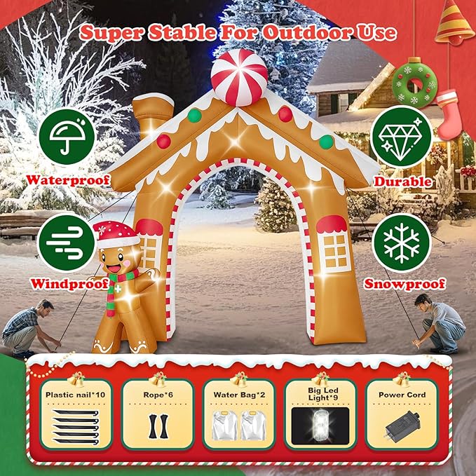 10FT Christmas Inflatable Archway Outdoor Decorations, Giant Blow Up Gingerbread House and Man Arch Yard Decoration, Xmas Decor Build-in LED Lights for Garden Lawn Yard Porch Holiday Party