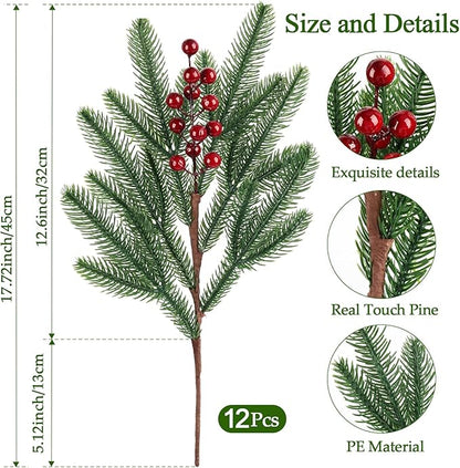 12Pcs/84Pcs Christmas Artificial Pine Branches with Red Berry Stems, 18‘’ Faux Greenery Christmas Picks, Real Touch Fake Floral Leaves Branch for Xmas Decorations Indoor DIY Craft Garland Home Decor