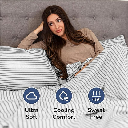 CGK Linens Full 6 Piece Sheet Set - Cooling Sheets for Hot Sleepers - Hotel Luxury Bedding Set with 8-16 Inch Deep Pockets - 1 Flat & 1 Fitted & 4 Pillowcases - Soft and Wrinkle Free - Grey Stripes