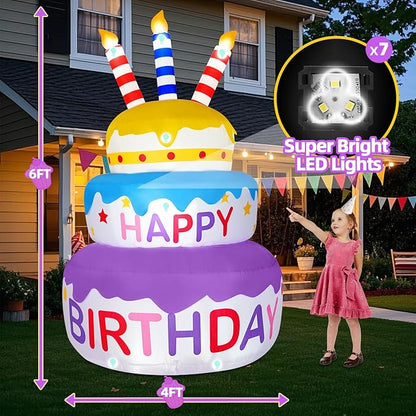 B&D 6FT Happy Birthday Cake Inflatable Decoration, Rotating Cake with Three Colors, Sparkling LED Lights, Eye-catching Outdoor, Indoor Decor for Birthday Party, Holiday, Light Up for Lawn Yard Garden