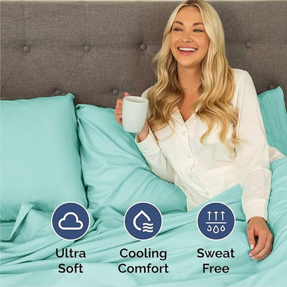 Queen Size 4 Piece Sheet Set - Comfy Breathable & Cooling Bed Sheets Set - Hotel Luxury Bedding for Women, Men, Kids, Teens, Boys & Girls - Deep Pockets, Ultra-Soft, Wrinkle Free - Oeko-Tex - Spa Blue