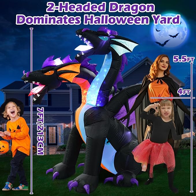 MICOCAH Halloween Inflatables 7 FT Tall Giant 2 Headed Dragon Outdoor Decorations, Built-in Flashing LEDs Scary Blow Up Yard Decoration Outside for Lawn Entrance Indoor Party Garden Inflated Décor