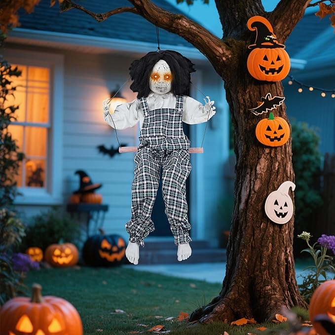 Prsildan Hanging Halloween Decorations Outdoor Swing Boy, Halloween Animatronic Scary Decor Life-Size Halloween Props with Creepy Sounds Motion for Outside Indoor Trees Yard