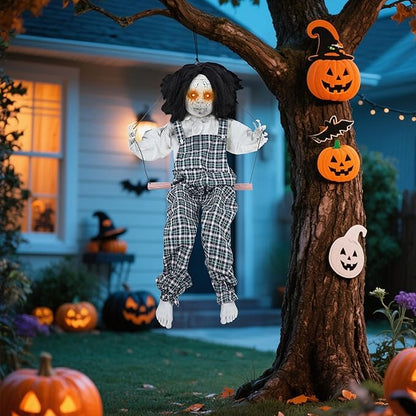 Prsildan Hanging Halloween Decorations Outdoor Swing Boy, Halloween Animatronic Scary Decor Life-Size Halloween Props with Creepy Sounds Motion for Outside Indoor Trees Yard