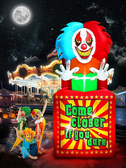 6.6 FT Halloween Inflatables Animated Clown with Music, Kalolary Circus Clown Box Outdoor Decorations Blow Up Yard with Built-in LEDs for Indoor Outdoor Party Garden Lawn Decor