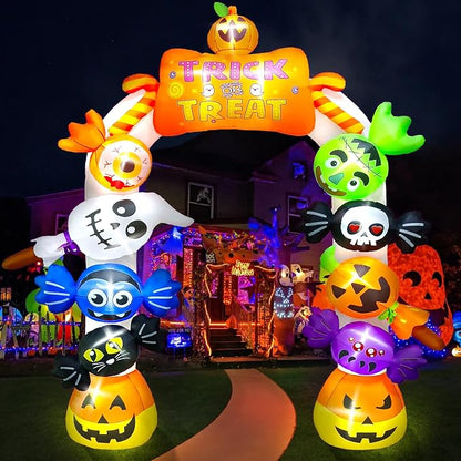 Kalolary 10FT Tall Halloween Inflatables Archway Candy Ghost, Giant Halloween Outdoors Decoration Pumpkin Arch Blow Up Yard Decorations with Build-in Lights for Yard Garden Lawn Indoor Outdoor Decor