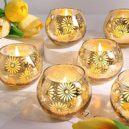Gold Mercury Glass Votive Candle Holders Set of 12, Round Tealight Candle Holders Bulk for Table Centerpieces, Weddings, Shower Gifts, Party Decorations