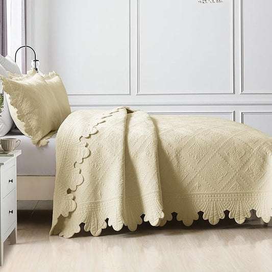 MarCielo 3-Piece 100% Cotton Oversized Bedspread Lightweight Quilt Coverlet Embroidery Farmhouse Bedding Set (Tk Beige Khaki, Oversized Queen (100"x106"))