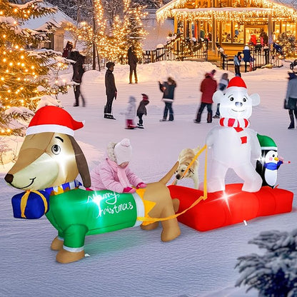 8FT Long Christmas Inflatable Dog Sled with Polar Bear & Penguin, LEDs Lighted Blow Up Outdoor Decoration for Xmas, Weiner Dog Sleigh Décor for Indoor Garden Yard Lawn Party Patio