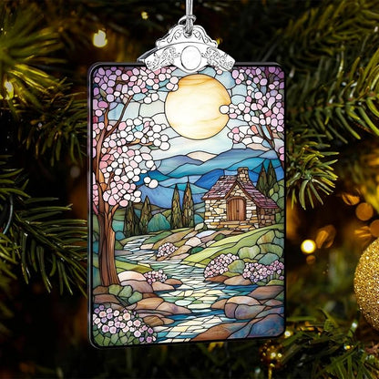 Cottage Landscape Stained Glass Ornament, 2025 Christmas Tree Hanging Decoration for Gift Exchange or Stocking Stuffer, Holiday Decor, 3.8 x 2.4 Inch