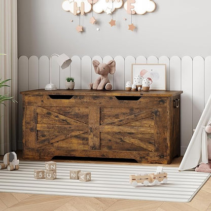 IDEALHOUSE Storage Chest, 39.4" Storage Bench Wooden Toy Chest Box, Farmhouse Storage Trunk with Safety Hinge, Supports 350 lbs, for Entryway, Living Room, Bedroom,Rustic Brown