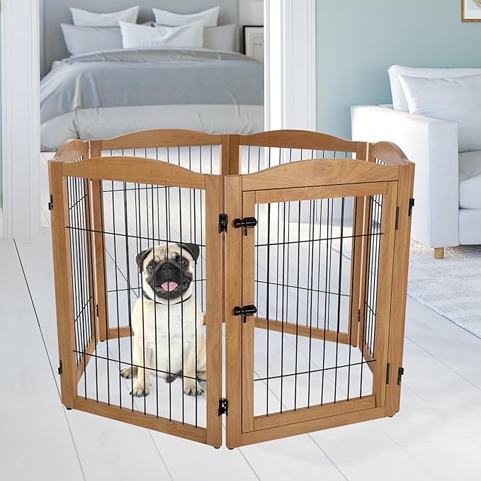 Pet Gate - 6-Panel Indoor Folding Dog Fence for Stairs or Doorways - 133x32-Inch Freestanding Play Pen with Support Feet by PETMAKER (Natural)