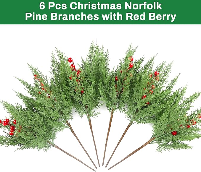 HOHOTIME 6 Pcs Christmas Decoration, 17.7 inch Artificial Picks Pine Stems with Berry for Vase, Faux Norfolk Pine Cypress Leaves Branches Fake Foliage Cedar for DIY Craft Xmas Indoor Home Decor