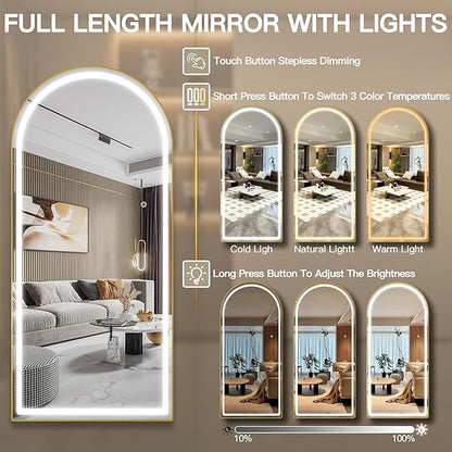 FENNIO Full Length Mirror with Lights, 70" x 32" LED Full Body Mirror, Arched Wall Mounted Hanging Mirror with Lights for Bedroom, Salon, 3 Color Lighting, Tempered Glass, Brushed Aluminum Frame