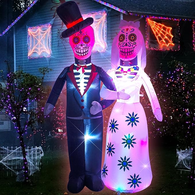 AJY 6 Feet Day of The Dead Couple Halloween Inflatable LED Lights Decor Outdoor Indoor Holiday Decorations,Blow up Lighted Yard Decor, Giant Lawn Inflatable Home Garden Party Favor Decoration