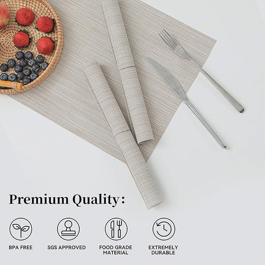 Leetaltree Beige White Placemats Set of 16 - Heat Resistant Non-Slip Place mats for Dining Table, Washable Durable PVC Vinyl Woven Table Mats（Beige White, 16）