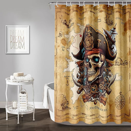 AILONEN Pirate Skull Shower Curtain for Bathroom,Vintage Ocean Nautical Bath Curtain Decoration,Pirate Captain Old Map Print Waterproof Shower Curtain with 12 Plastic Hooks, 72" W*84" H