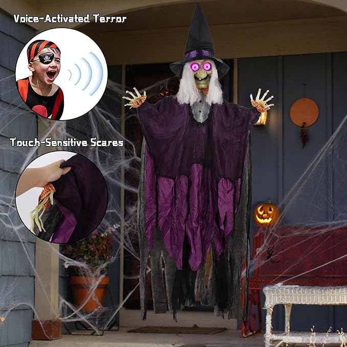 Prsildan 6.6FT Hanging Witch Halloween Decorations Outdoor, Animated Talking Witches with Color-Changing LED Eyes & Scary Sounds, Touch & Sound Sensor Halloween Decor for Yard Porch Haunted House