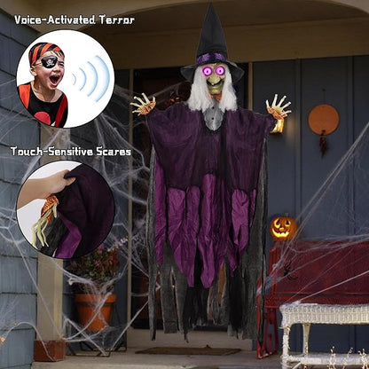 Prsildan 6.6FT Hanging Witch Halloween Decorations Outdoor, Animated Talking Witches with Color-Changing LED Eyes & Scary Sounds, Touch & Sound Sensor Halloween Decor for Yard Porch Haunted House