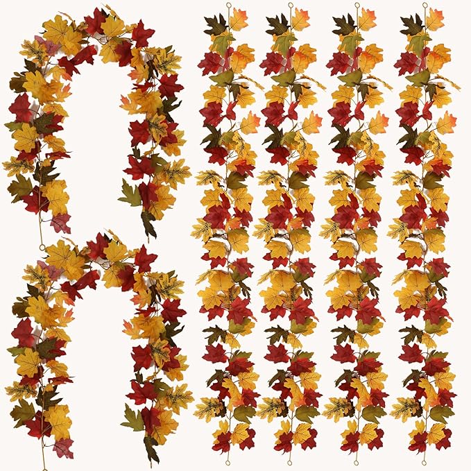 PARTY JOY 6PCS Orange Leaf Garland, 5.6Ft Halloween Garland Artificial Maple Leaf Autumn Hanging Fall Vines Thanksgiving Decorations Fall Decor