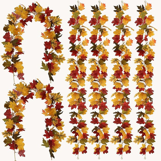 PARTY JOY 6PCS Orange Leaf Garland, 5.6Ft Halloween Garland Artificial Maple Leaf Autumn Hanging Fall Vines Thanksgiving Decorations Fall Decor