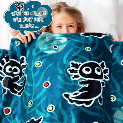 BORORO Black Axolotl Gifts Glow in The Dark Blanket Cute Axolotl Blanket for Boys Girls