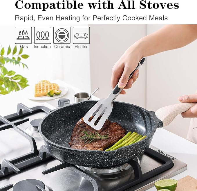 Kordisen Nonstick Frying Pan Set with Lids, 3 Piece Skillet Set, Healthy Induction Cookware Cooking Pan, Stay-Cool Handle, Compatible with All Stovetops, PFOA Free (9.5, 11, 12.5 Inch)