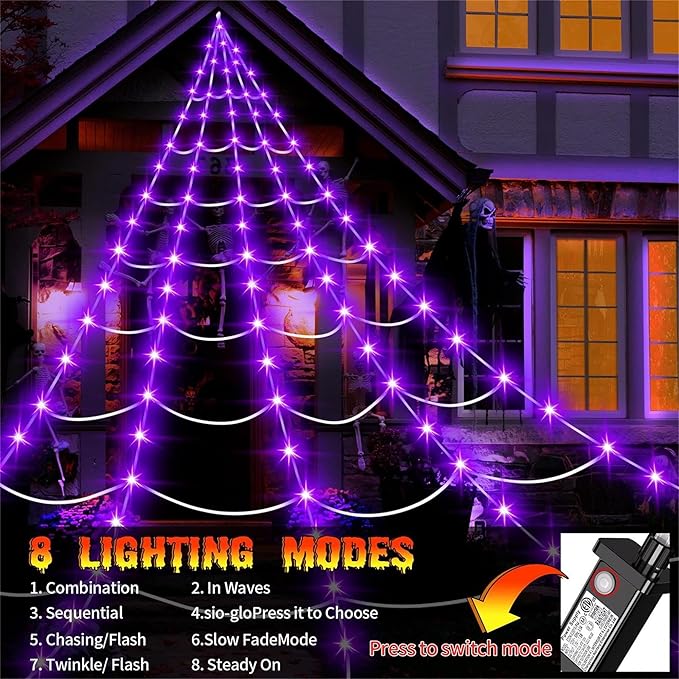 Halloween Decorations Outdoor, 250LED 23x18 FT Giant Spider Web with Purple Lights, Lighted Triangular Black Spider Web with Sturdy Wire, Waterproof, Timer, 8 Modes for Yard Halloween Décor